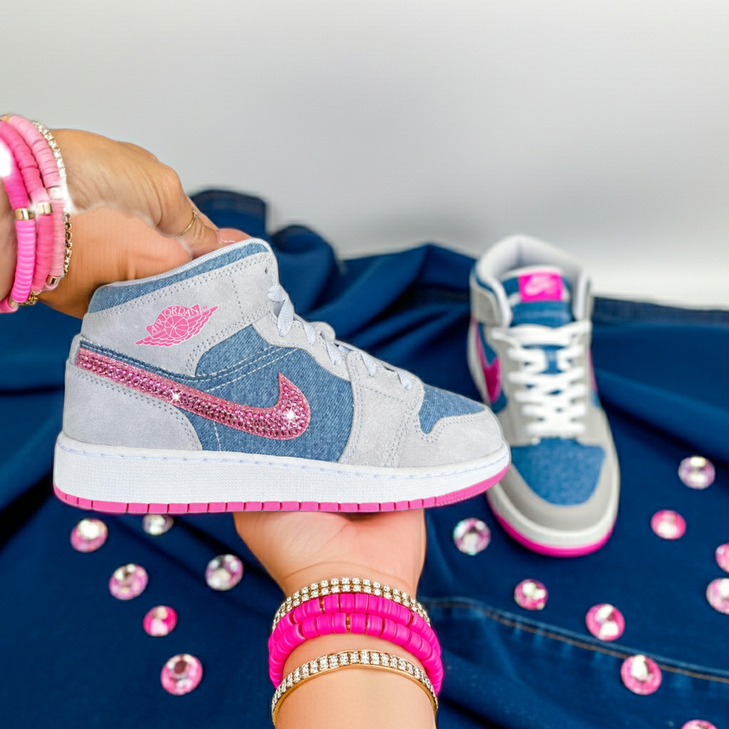 Air Jordan 1 Mid SE GS 'Denim Sequin' – Cobalt Bliss/Pink Glow