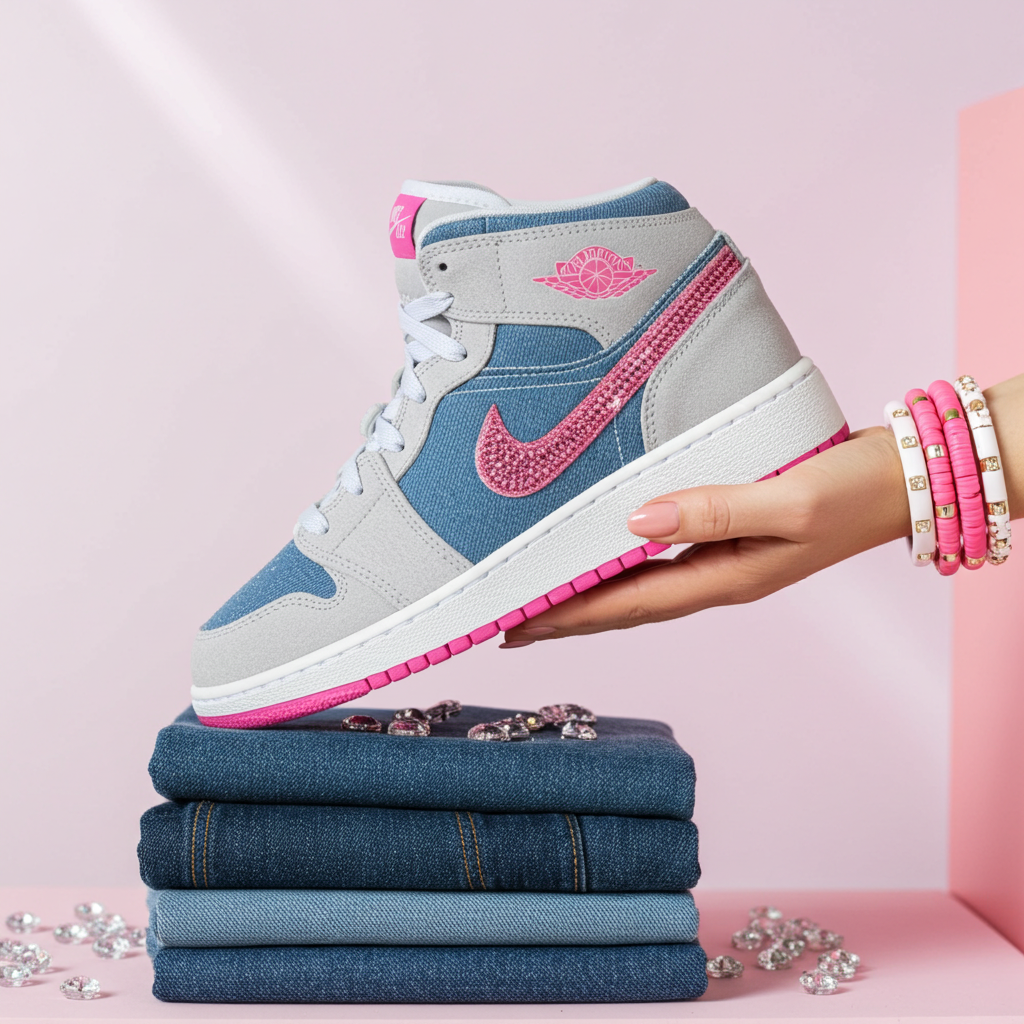 Air Jordan 1 Mid SE GS 'Denim Sequin' – Cobalt Bliss/Pink Glow