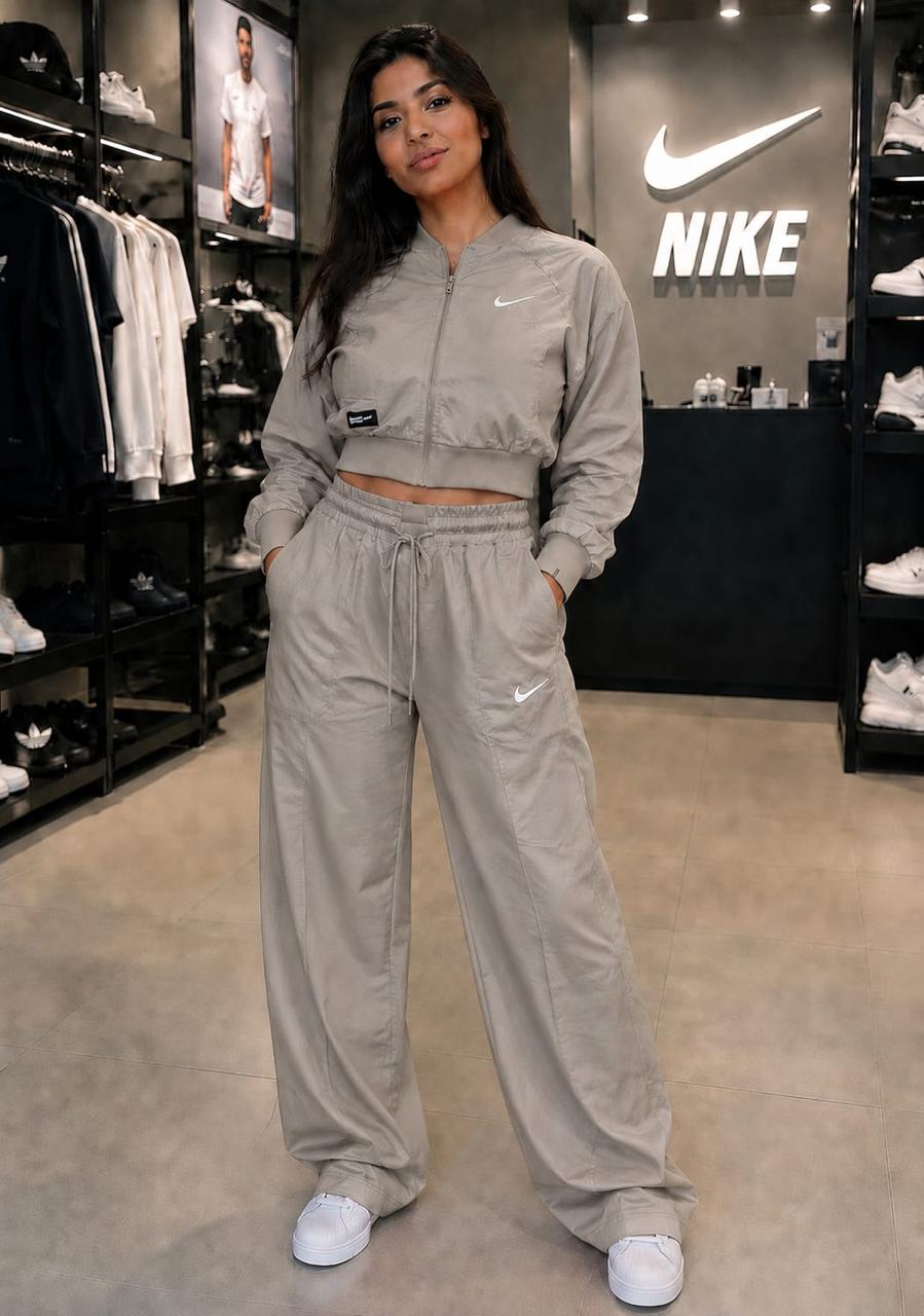 Nike Sportswear Women's Woven Tracksuit Set – Taupe Grey (Cropped Jacket & Wide-Leg Pants)