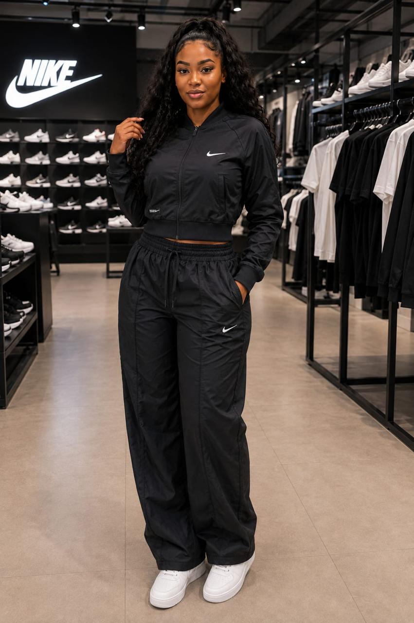 Nike Sportswear Women's Woven Tracksuit Set – Black/White (Cropped Jacket & Wide-Leg Pants)