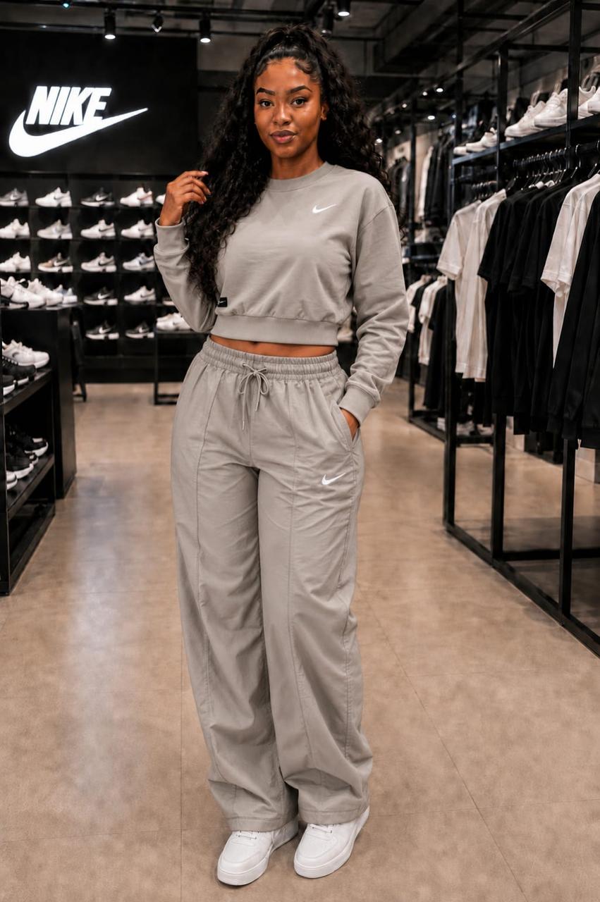 Nike Sportswear Women's Woven Tracksuit Set – Taupe Grey (Cropped Crewneck Pullover & Wide-Leg Pants)