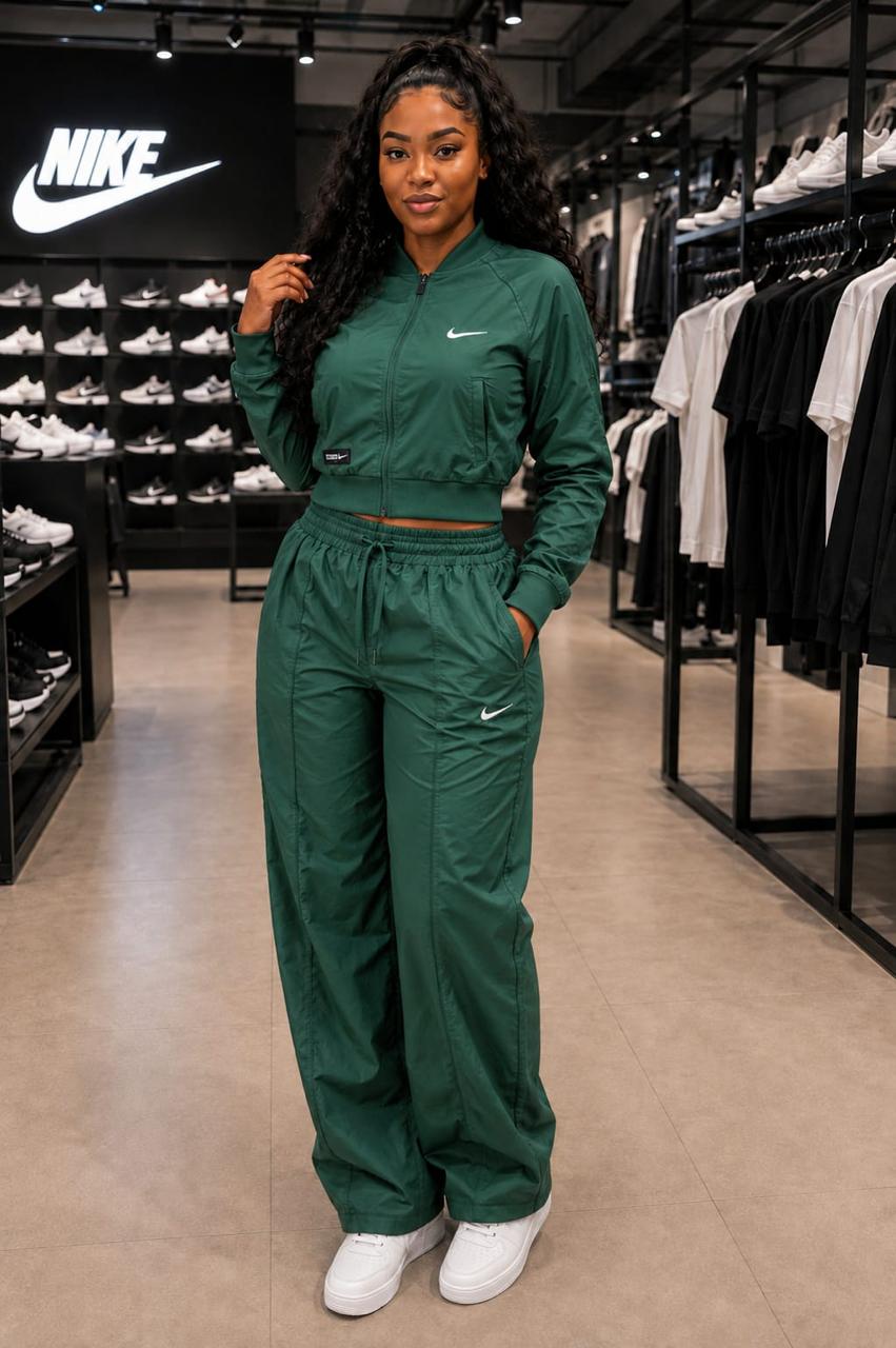 Nike Sportswear Women's Woven Tracksuit Set – Pro Green (Cropped Jacket & Wide-Leg Pants)