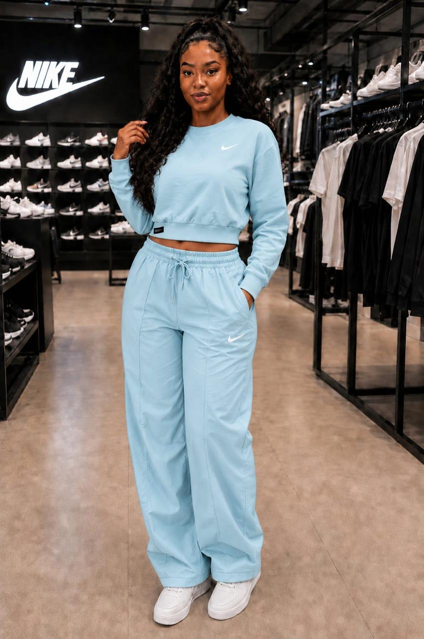 Nike Sportswear Women's Woven Tracksuit Set – Glacier Blue (Cropped Crewneck Pullover & Wide-Leg Pants