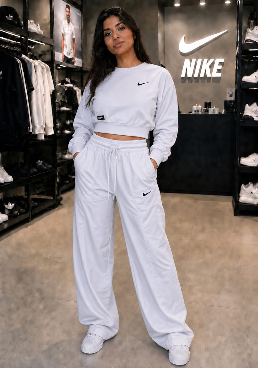 Nike Sportswear Women's Woven Tracksuit Set – White (Cropped Crewneck Pullover & Wide-Leg Pants)