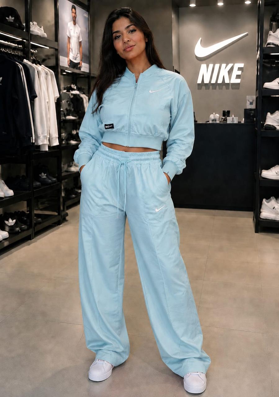 Nike Sportswear Women's Woven Tracksuit Set – Glacier Blue (Cropped Full-Zip Jacket & Wide-Leg Pants)