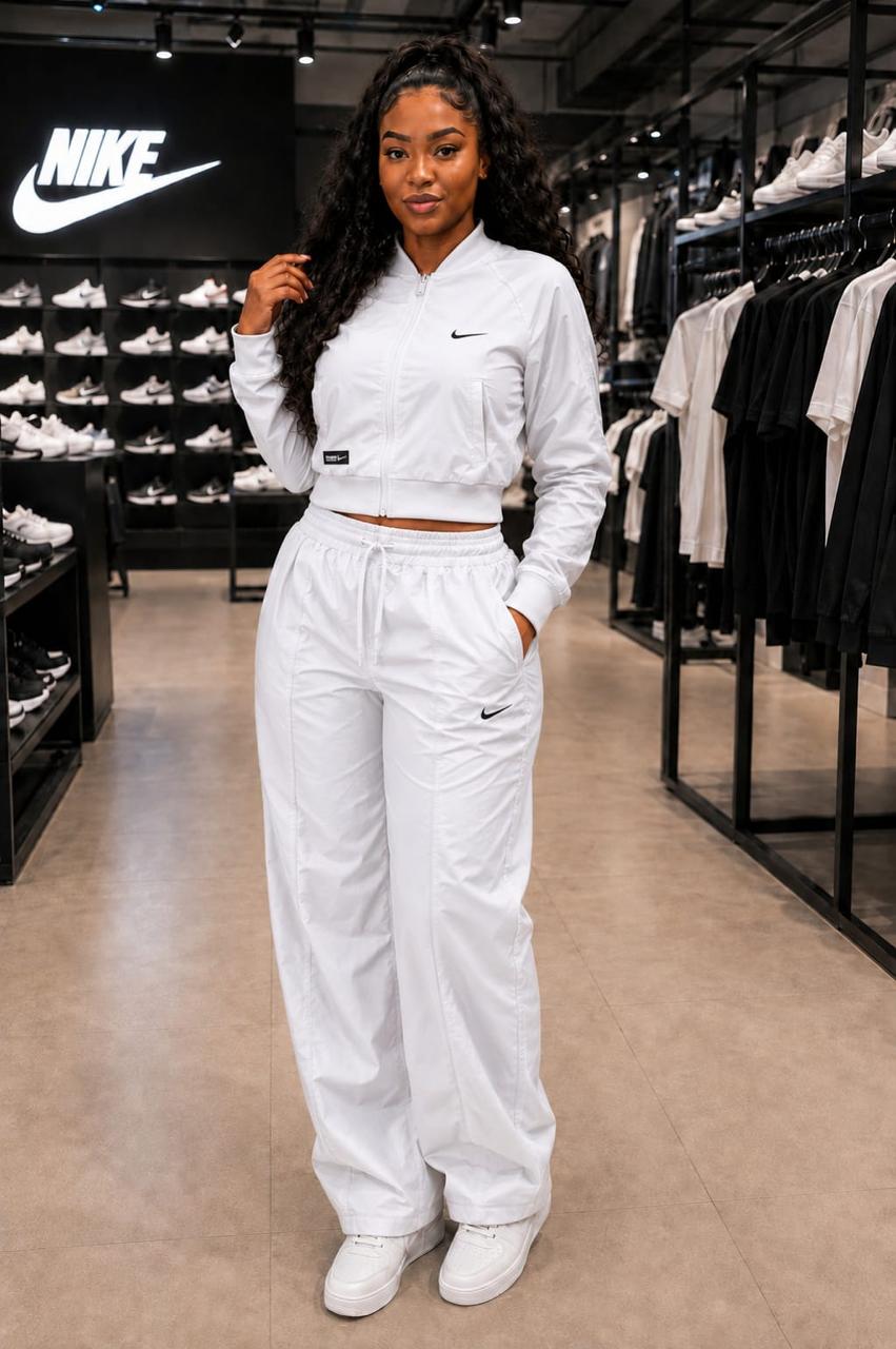 Nike Sportswear Women's Woven Tracksuit Set – White (Cropped Full-Zip Jacket & Wide-Leg Pants)