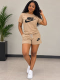 Nike Sportswear Essential Summer Set – Khaki Tan Graphic T-Shirt & Shorts Combo
