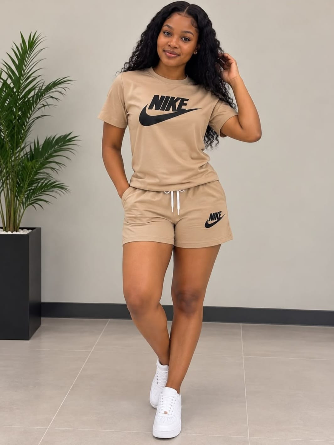 Nike Sportswear Essential Summer Set – Khaki Tan Graphic T-Shirt & Shorts Combo